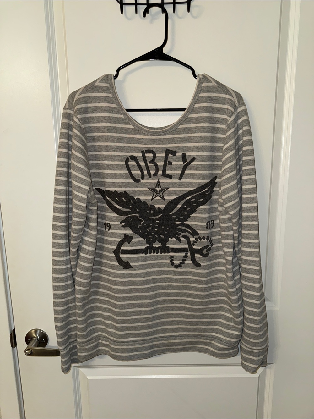 Obey Gray & White Striped Crewneck Sweater with Black Graphic